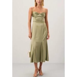 Reformation Hensley Satin Midi Cocktail Dress in Artichoke Green Size 10 NWT